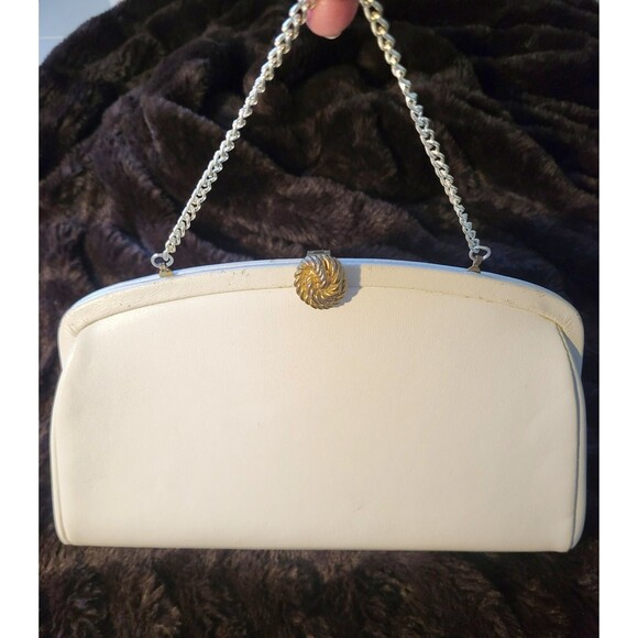 Classic Vintage 60s Whte Hinged Clutch Mod GoGo Bridal Handbag With Chain - Picture 6 of 15
